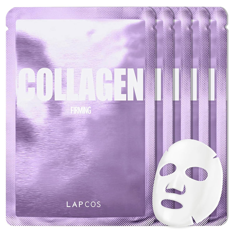 LAPCOS Collagen Sheet Mask - Firming & Age-Defying Face Masks with Collagen Peptides - Minimizes Fine Lines & Restores Skin Elasticity - Highly Breathable PT Cell Sheet - Korean Skin Care (Pack of 5)
