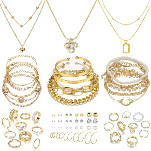 IFKM Gold Plated Jewelry Set for Women,14k Gold Plated Multi Layer Necklaces Stackable Bangle Bracelets Stackable Knuckl