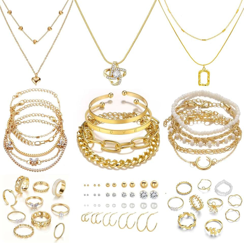 IFKM Gold Plated Jewelry Set for Women,14k Gold Plated Multi Layer Necklaces Stackable Bangle Bracelets Stackable Knuckl