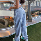 Mid Rise Cargo Jeans Women Elastic Waist Stretch Wide Leg Denim Pants with Pockets Baggy Streetwear Pants y2k