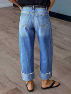 Flamingals Mid Rise Straight Leg Jeans for Women Wash Seam Front Roll Raw Hem Denim Pants Without Belt