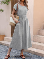 ANRABESS Womens Summer Midi Dress Striped Casual Short Sleeve Crewneck Empire Waist 2026 Flowy Long Beach Dress with Pockets