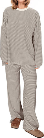 MISSACTIVER Women's 2 Piece Striped Lounge Set Long Sleeve Oversized T-Shirt Wide Leg Pants Matching Pajamas Set