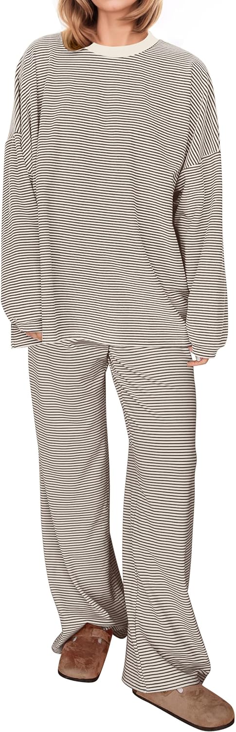 MISSACTIVER Women's 2 Piece Striped Lounge Set Long Sleeve Oversized T-Shirt Wide Leg Pants Matching Pajamas Set