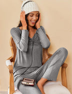 Ekouaer Womens 2 Pack Pajama Set Long Sleeve Pajamas Top and Pants V Neck Pjs Set Soft Sleepwear Loungewear