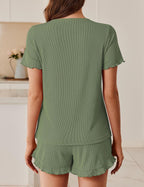 Ekouaer Ribbed Knit Lounge Sets Summer Short Sleeve Pajama Set Soft Pj Sets Ruffle Pjs Loungewear with Pockets S-XXL