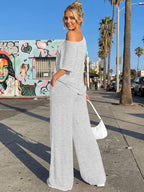 Trendy Queen Womens 2 Piece Lounge Sets Airport Travel Casual Outfits Off Shoulder Oversized Tshirts and Wide Leg Pants 2026
