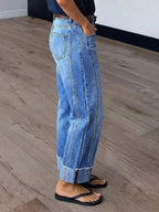 Flamingals Mid Rise Straight Leg Jeans for Women Wash Seam Front Roll Raw Hem Denim Pants Without Belt