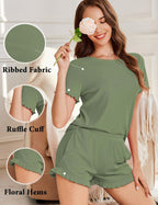 Ekouaer Ribbed Knit Lounge Sets Summer Short Sleeve Pajama Set Soft Pj Sets Ruffle Pjs Loungewear with Pockets S-XXL