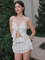 CIDER Going Out Tops for Women Y2K Tie Front Asymmetrical Ruffle Hem Lace Spaghetti Strap Cowgirl Crop Tops