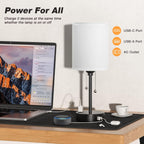 Small Bedside Table lamp for Bedroom - 3 Color Temperatures Bedside Lamps with USB C and A Ports, Pull Chain Table Lamps with AC Outlet, White Nightstand Lamps with Black Metal Base for Kids Reading