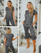 Ekouaer Women's Sleepwear Capri Pajama Sets Short Sleeve Two-Piece Pjs V Neck Tops & Capri Pants with Pockets S-3XL