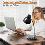 Desk Lamps for Home Office - LED Desk Lamp with Wireless Charger, 3 Color Modes Dimmable Eye-Caring Study Reading Desk Light, Small Flexible Arm Table Lamp for College Dorm Room Bedside, Black