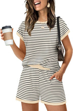 WIHOLL Two Piece Sets for Women Summer Lounge Short Sets Cap Sleeve Crew Neck Sweatsuit with Pocket XS-2XL