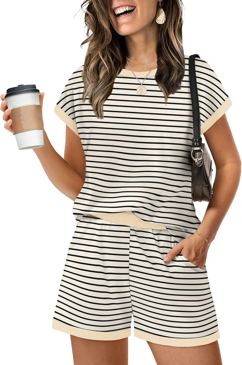 WIHOLL Two Piece Sets for Women Summer Lounge Short Sets Cap Sleeve Crew Neck Sweatsuit with Pocket XS-2XL