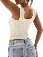 DouBCQ Women Cute Crop Tank Top Square Neck Wide Strap Vest Slim Fit Floral Lettuce Trim Cropped Cami Tops