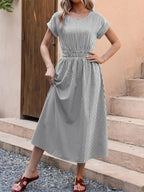 ANRABESS Womens Summer Midi Dress Striped Casual Short Sleeve Crewneck Empire Waist 2026 Flowy Long Beach Dress with Pockets