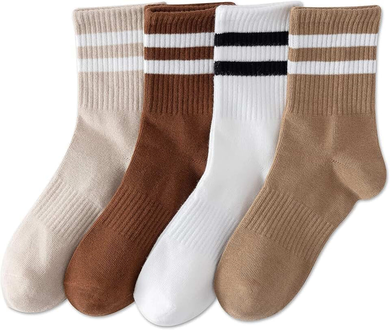 YUWELL Womens Striped Crew Socks, Cotton Cozy Casual Socks for Women 4 Pairs, Size 5-10 Global Recycled Standard