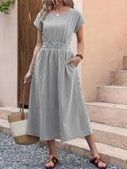 ANRABESS Womens Summer Midi Dress Striped Casual Short Sleeve Crewneck Empire Waist 2026 Flowy Long Beach Dress with Pockets
