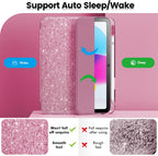 INFILAND Compatible with iPad A16 11th Generation 11 Inch 2025 Case, iPad Case 10th Generation 10.9 Inch, Glitter Cute Cover with Clear Sparkly Back, Pencil Holder, for Kids Girls Woman (Rose Pink)