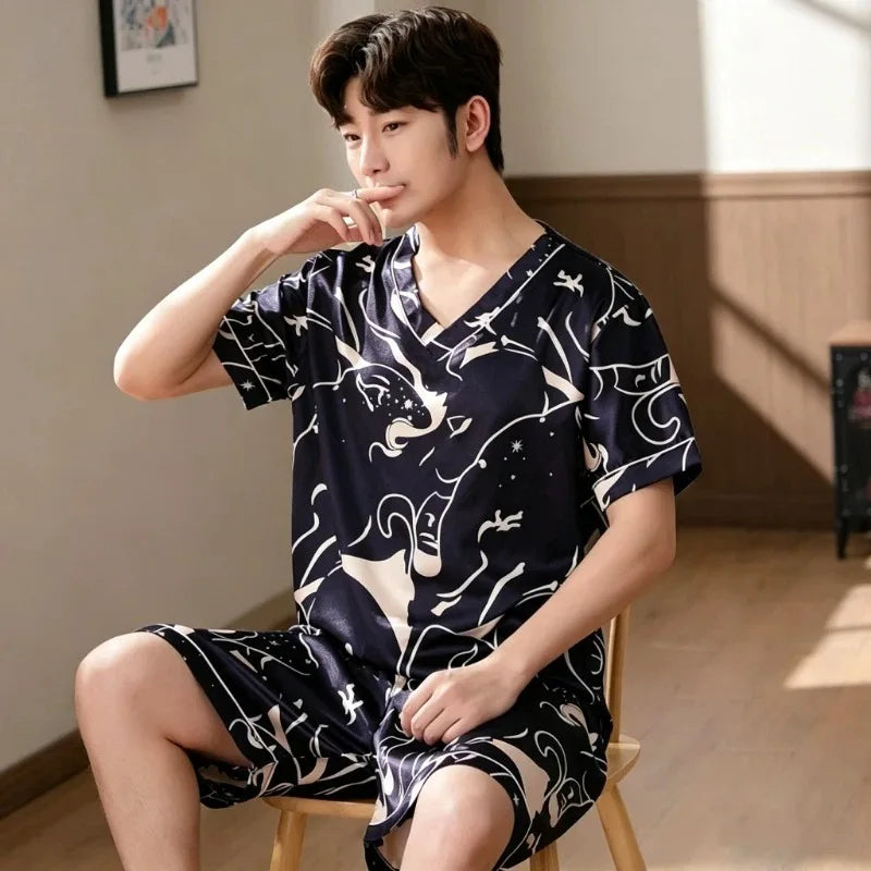 Men Summer New Fashion Print Pajamas Set Plus Size V-Neck Short Sleeve Shorts Men's Sleepwear Casual Cool Homewear for M