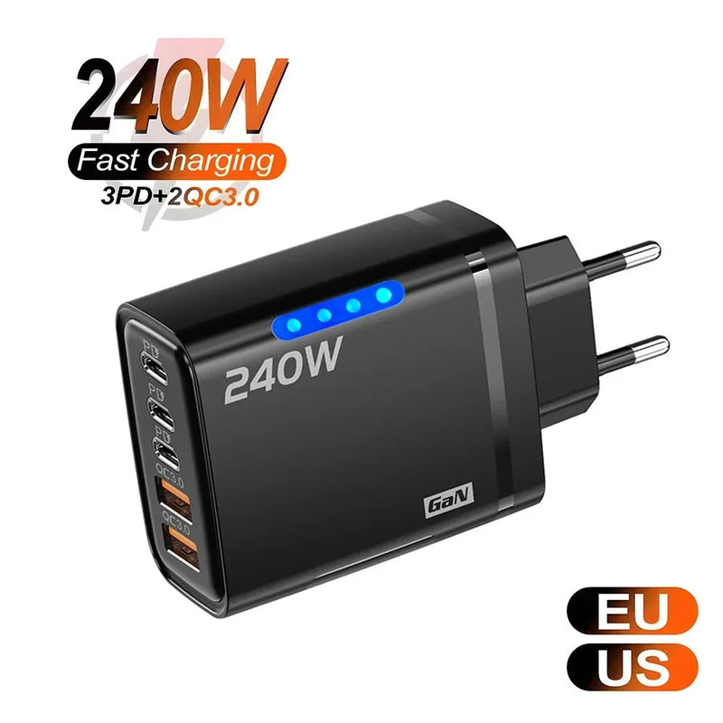 240W GaN USB C Charger 5 in 1 Fast Charging Phone Charger Power Adapter For iPhone Samsung Xiaomi Type C EU/US Plug Wall