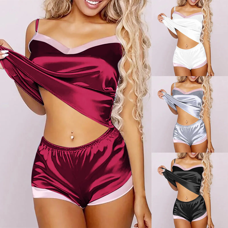 Women's European and American Fashion Color Contrasting Pajamas V-neck Elastic Satin Sexy Underwear Pajamas Home Clothes