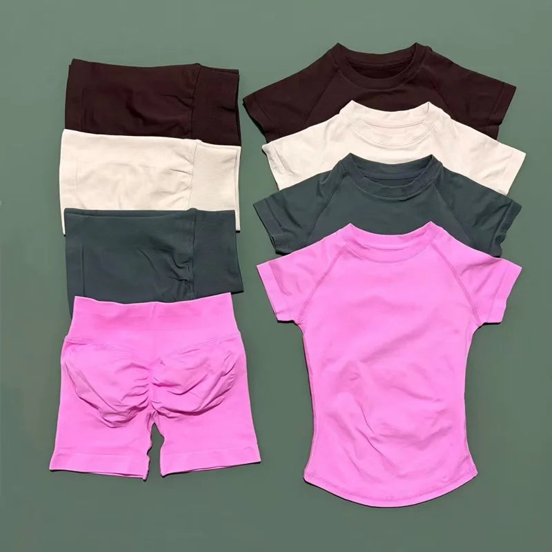 2 Pcs HISTELLO Sports Gym Sets Short Sleeve Seamless Yoga Clothing Fitness Set Women Workout Running Sports Short Leggin