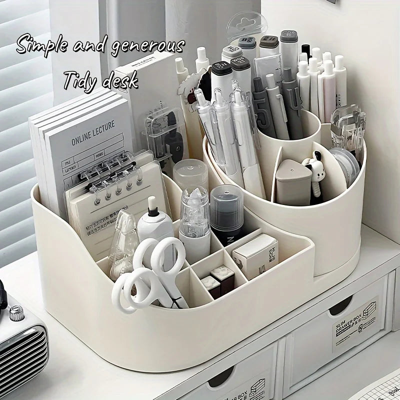 1pc Multi-Functional 2-in-1 Desk Organizer with 360-Degree Rotating Pen Holder, Large Capacity Plastic Storage Caddy for