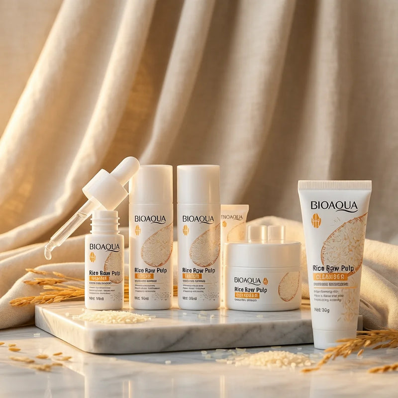 5pcs BIOAOUA Rice Raw Whitening Set Brighten Hydrating Moisturize Soothing Facial Cleanser+toner+essence+lotion+cream Sk