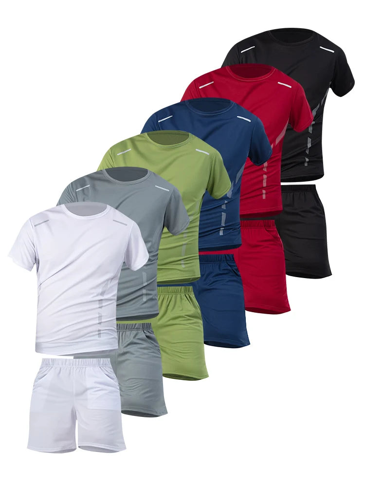 2-Piece Men's Summer Quick drying Sports Suit Loose And Breathable Short Sleeved T-shirt Running And Fitness Black Pocke