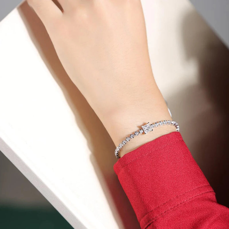 Sweetrain Real Moissanite Tennis Bracelet for Women 925 Sterling Silver Princess Cut Diamond Bracele