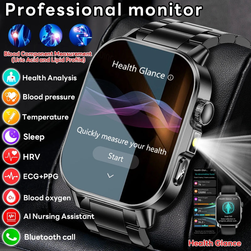 2026 New Model Uric Acid & Lipid Health Analysis Smart Watch Men ECG+PPG Bluetooth Call 2.01-inch Flashlight Smartwatch