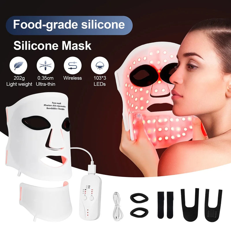 Silicone LED Mask Face With Neck 7 Colors LED Photon Red Light Infrared Therapy Flexible Facial Mask Repair Skin Wireles