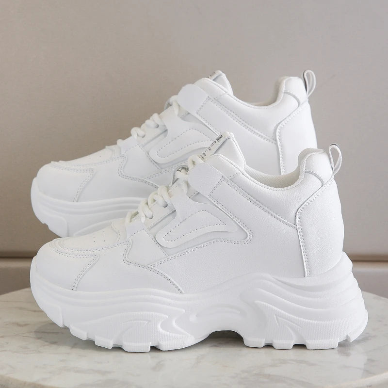 White Platform Women's Sneakers 2024 Spring Lace-Up Thick Bottom Vulcanize Shoes Woman Pu Leather Breathable Sports Shoe