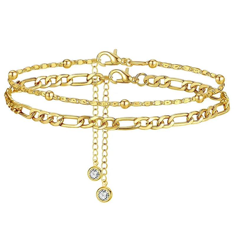 Women 2Pcs Anklet Bracelet Set Stainless Steel Cuban Link Rice Bead Chain Anti-fade Fashion Foot Ankle Jewelry