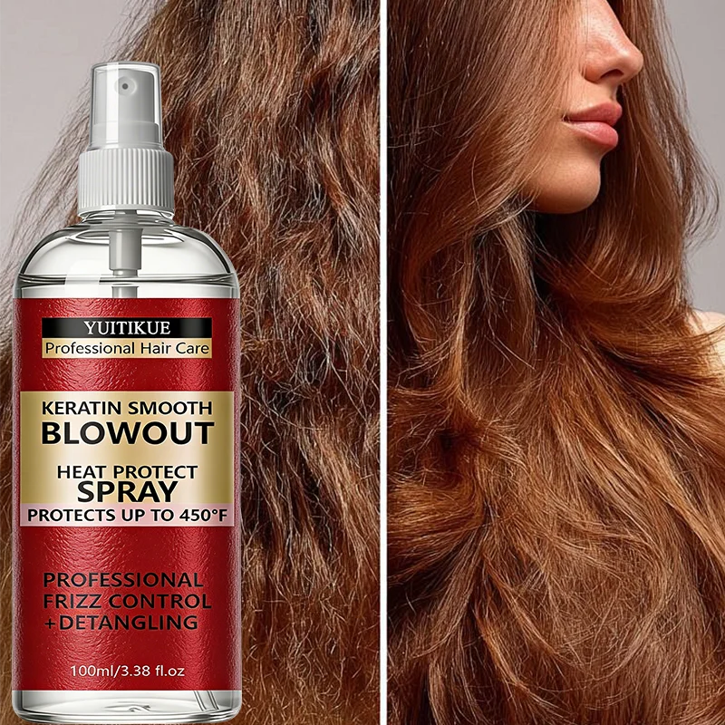 Keratin Heat Protect Spray for Hair, Professional Blowout Spray with Frizz Control & Detangling, 100ml
