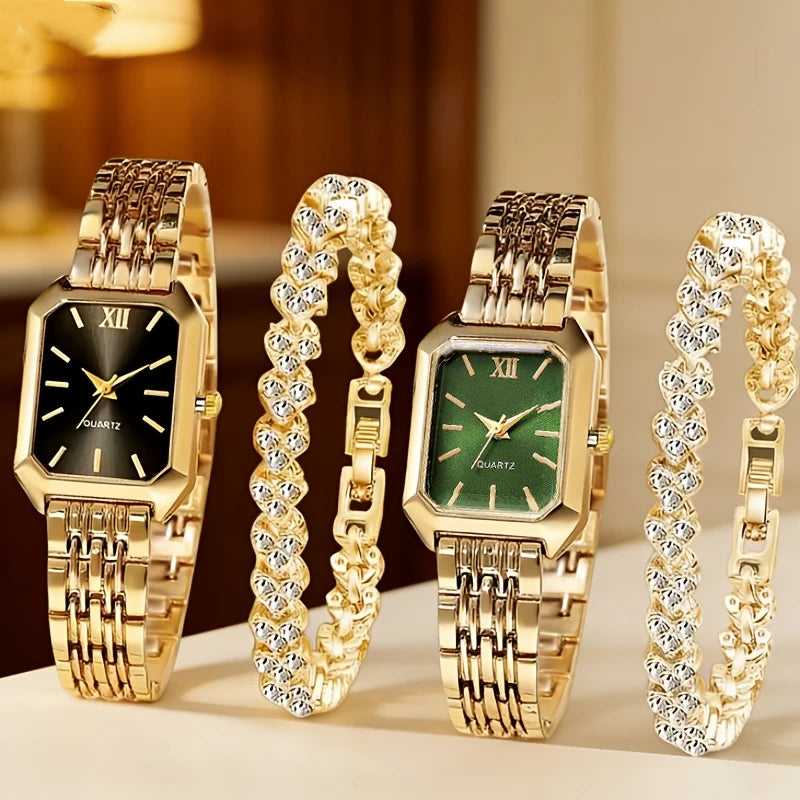 4PCS/Set Elegant Rectangle Women Watches Fashion Ladies Quartz Wristwatch Heart Bracelets Set Reloj Mujer Clock（Without