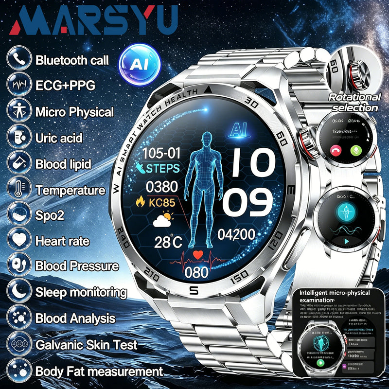 Marsyu AI-GPT Nursing Grade Health Smart Watch Body Fat Uric Acid ECG+PPG Body Fat BP HD Call Sports Smart watch For Men