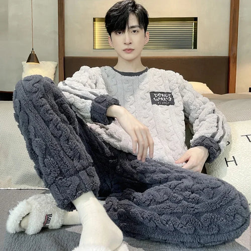 Men's Flannel Sleepwear Fleece Lined Thick Home Clothes Winter Warm Coral Velvet Set Male Home Suiting Comfortable Under