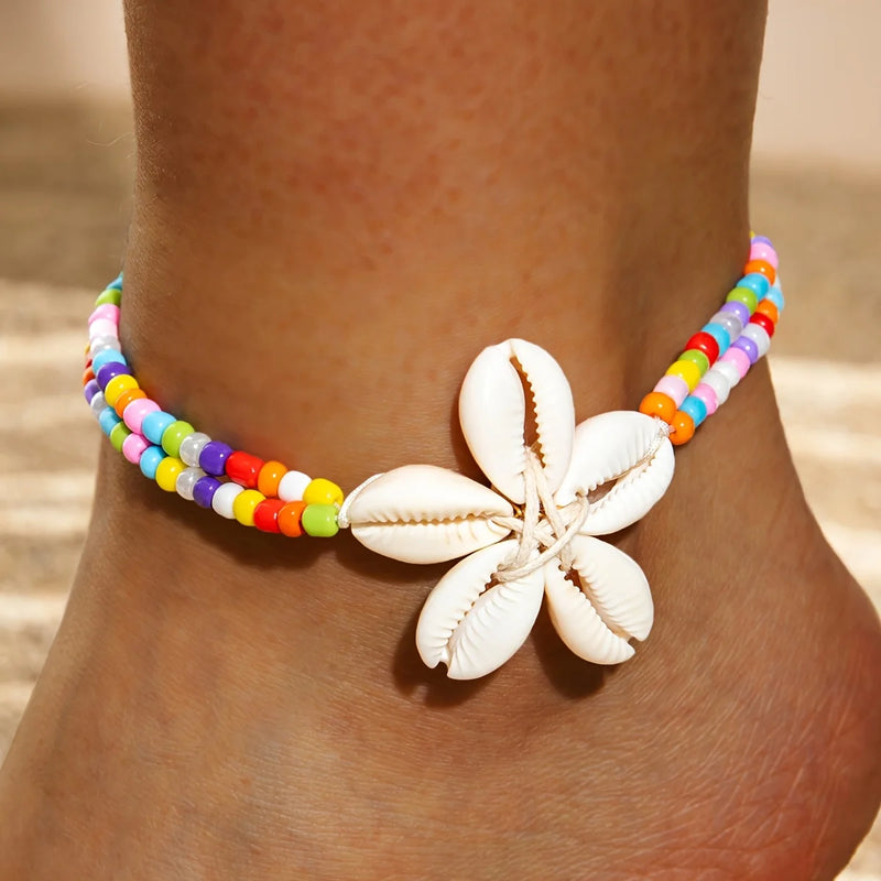 Bohemian Ocean Resin Scallop Shell Anklet, Woven Flower Colorful Beaded Anklet, Stylish Party Jewelry for Women