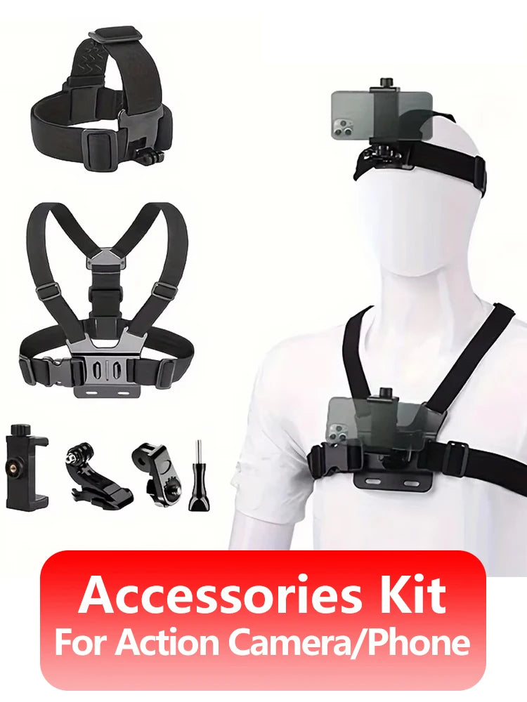 All-in-One Action Camera Accessories Kit Head Strap Chest Strap Mount Adjustable for GoPro Hero Phone Osmo SJCAM AKASO i
