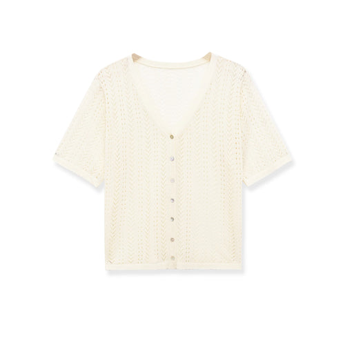 KASLEAD New Women's Fashion Knitted Hollow out Short Sleeve V-Neck Pullover Polyester Fiber Spring Summer Autumn Cardiga
