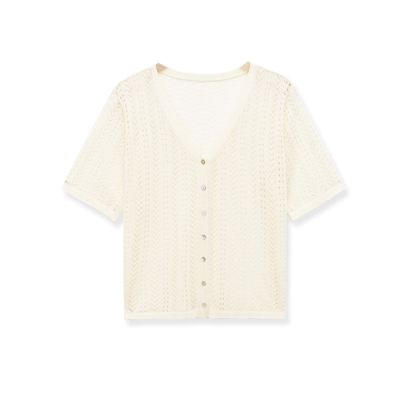 KASLEAD New Women's Fashion Knitted Hollow out Short Sleeve V-Neck Pullover Polyester Fiber Spring Summer Autumn Cardiga