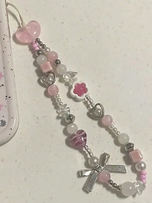 Pink Heart Silver Bow Beaded Phone Chain Bag Charm Gift