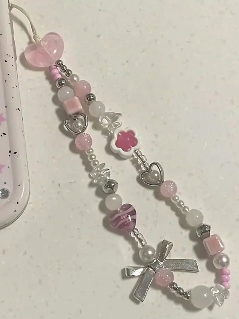 Pink Heart Silver Bow Beaded Phone Chain Bag Charm Gift
