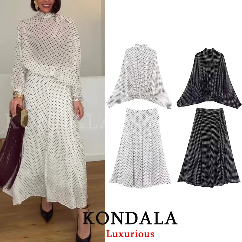 KONDALA Vintage Polka Dot Women Sets Chiffon Bow Tie Loose Blouses Loose Long Skirts Fashion 2026 Spring Summer Holiday