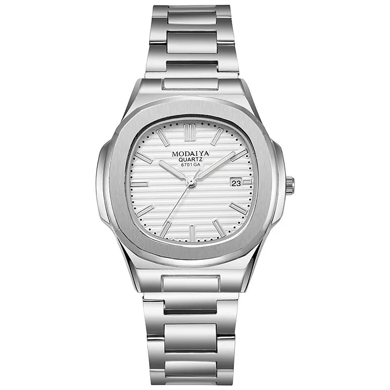2024 Luxury Fashion Casual Men Watches Big Dial Silver Stainless Steel Calendar Quartz Wristwatch Classic Top Brand Male