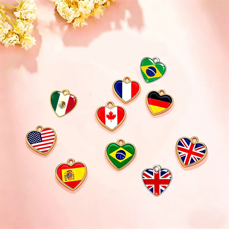 3PCS Stainless Steel USA Canada Mexico France Germany Brazil Spain UK Flag Heart Shape Pendant Charm for DIY Jewelry Mak