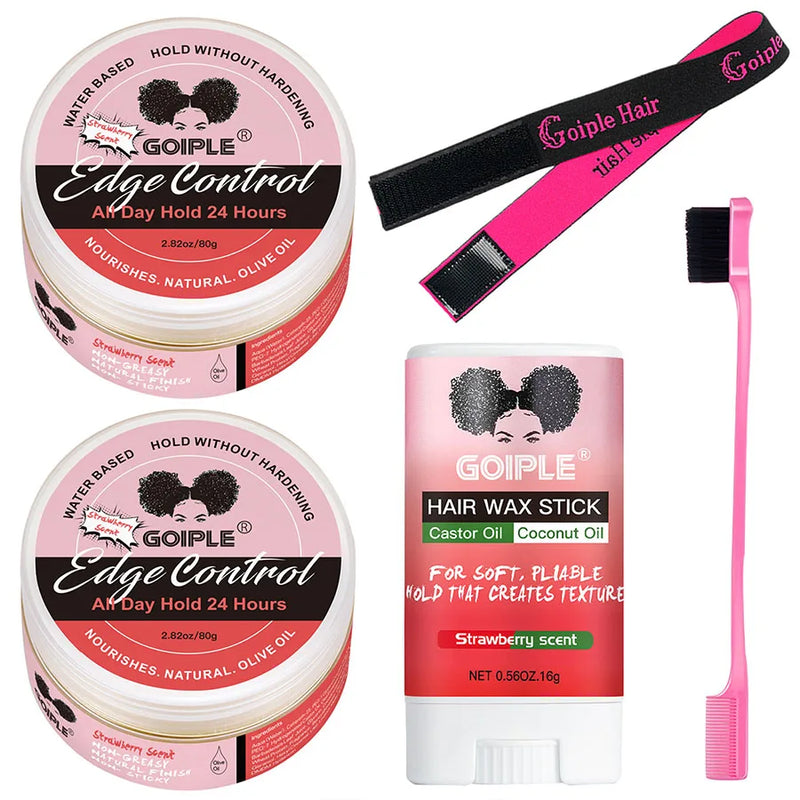 Strawberry Scent Edge Control Kit with Extreme Hold Styling Gel, Hair Wax Stick Tame Frizz & Flyaway, Elastic Band, Edge